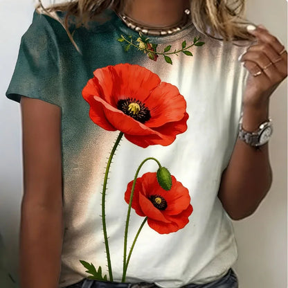 Lady T Shirts Crew Neck Short Sleeve Gradient Purple Flower Branch Print T Shirt Women's Outfits Casual Streetwear Cool Clothes