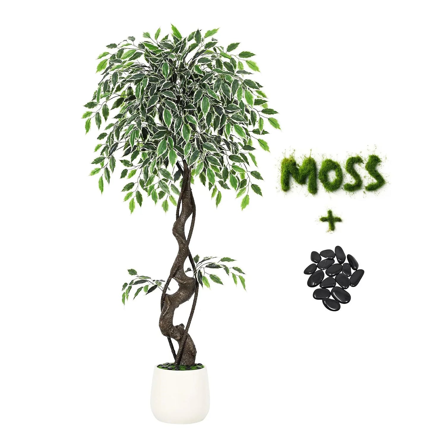 Artificial Ficus Tree Indoor Outdoor Fake Ficus Tree with Pebbles & Green Fake Moss, Pot Faux Tree for Office Home Decor