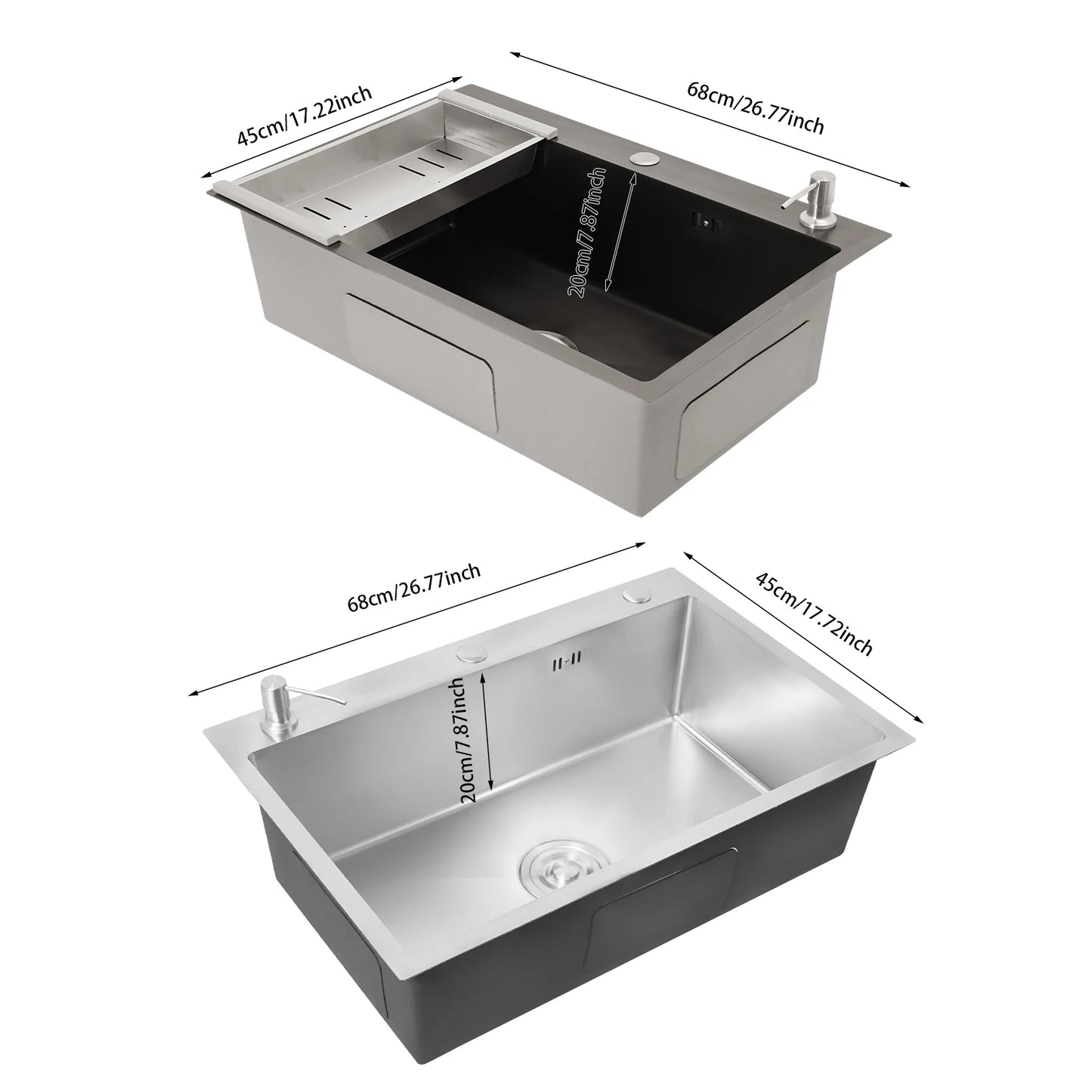 68×45cm Sink with V-shaped Drainer and Drain Basket and Soap Dispenser Anti-overflow Kitchen Sink Stainless Steel Sink