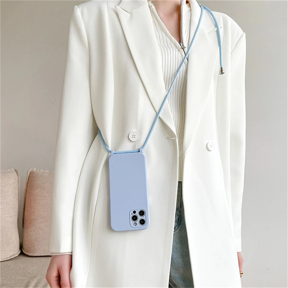 Crossbody Necklace Lanyard Cord Strap Liquid Silicone Case For iPhone 17 16 15 13 11 12 14 Pro Max XS XR X Plus Soft Candy Cover