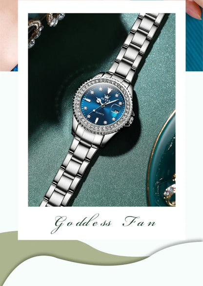 OLEVS Original Diamond Dial Quartz Watch for Women Fashion Elegant Ladies Watches Stainless Steel Waterproof Women's Wristwatch