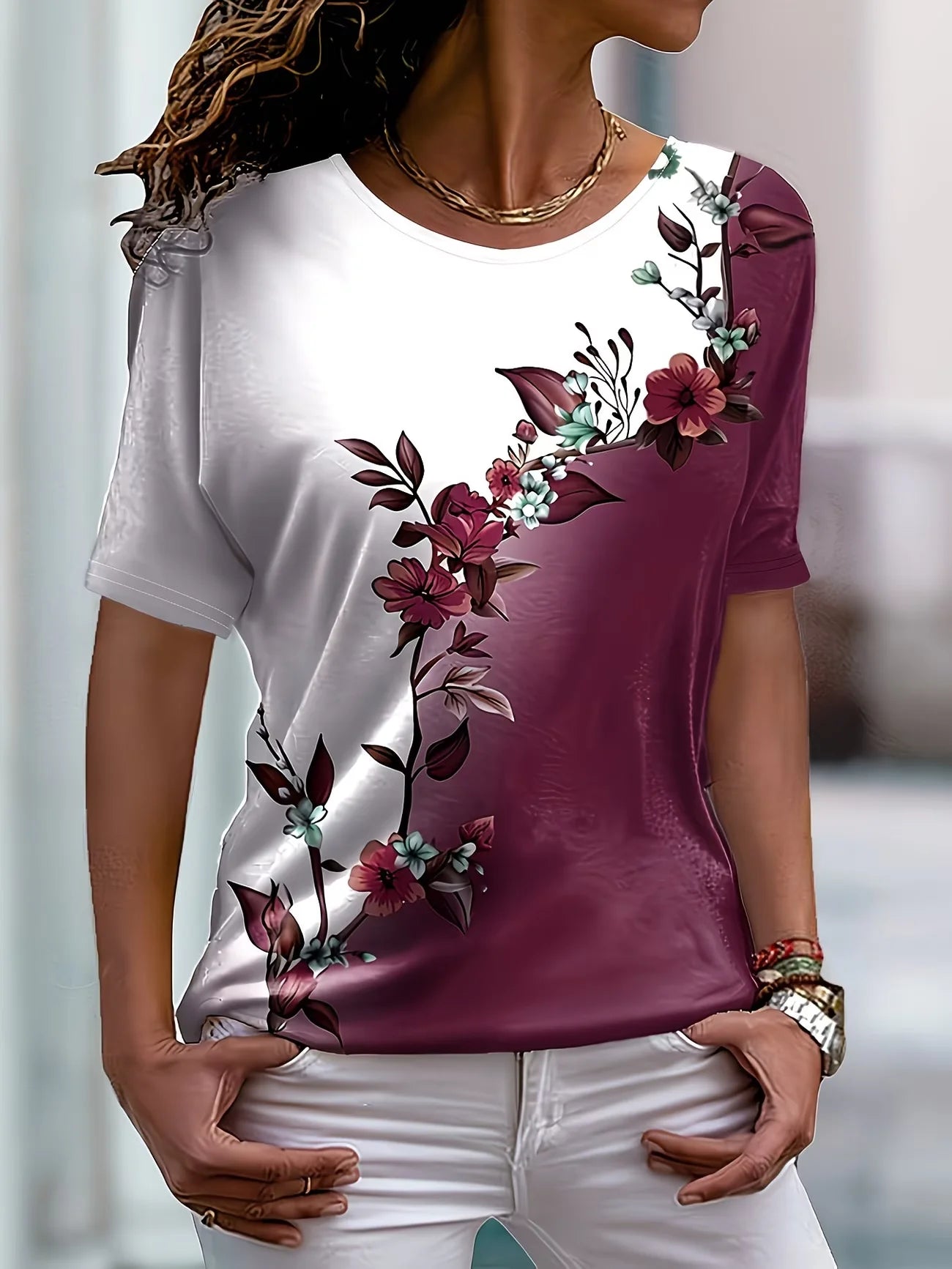 Lady T Shirts Crew Neck Short Sleeve Gradient Purple Flower Branch Print T Shirt Women's Outfits Casual Streetwear Cool Clothes