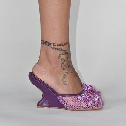 European and American Fashion Hollow Flower Baotou Banquet Half Slippers for Women's Outdoor Versatile Slope Heel Fashion Shoes