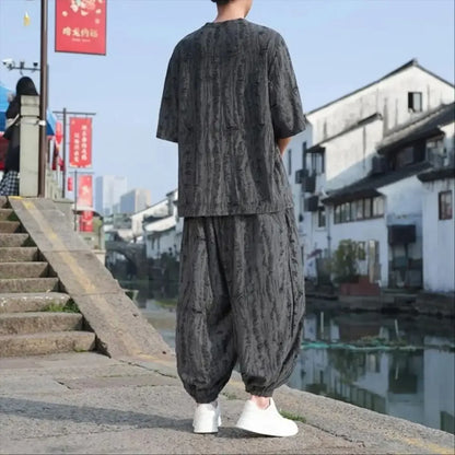 Men's Chinese Style Linen Co-ord Set Oversized Jacquard T-Shirt & Harem Pants Two Piece Outfit