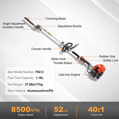 SucceBuy 52CC 6-in-1 MultiFunctional Trimming Tools Gas Hedge Trimmer Weed Eater String Trimmer Brush Cutter Edger Pole Chainsaw