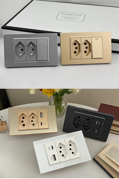 DELEFU 4*2 White Tempered Glass Brazil Standard Outlet with Double USB Type C Wall Power Socket  Switch Tuya Wifi 10A 20A
