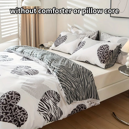 Gray and White Heart-Shaped Leopard Print Three-Piece Quilt Cover Set, Skin-Friendly and Breathable Bedding, Suitable for All Seasons
