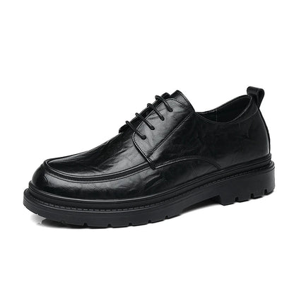 Mens Black Wrinkled Leather Apron Toe Lace Up Dress Shoes Thick Lug Sole Chunky Formal Business Office Work Daily Wear Shoes