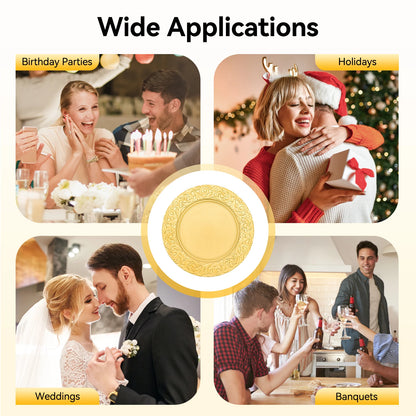 100-Pack Gold Charger Plates Set 12.9 Inch Embossed Round Disposable Serving Trays Christmas Wedding Party Decoration Plate ﻿