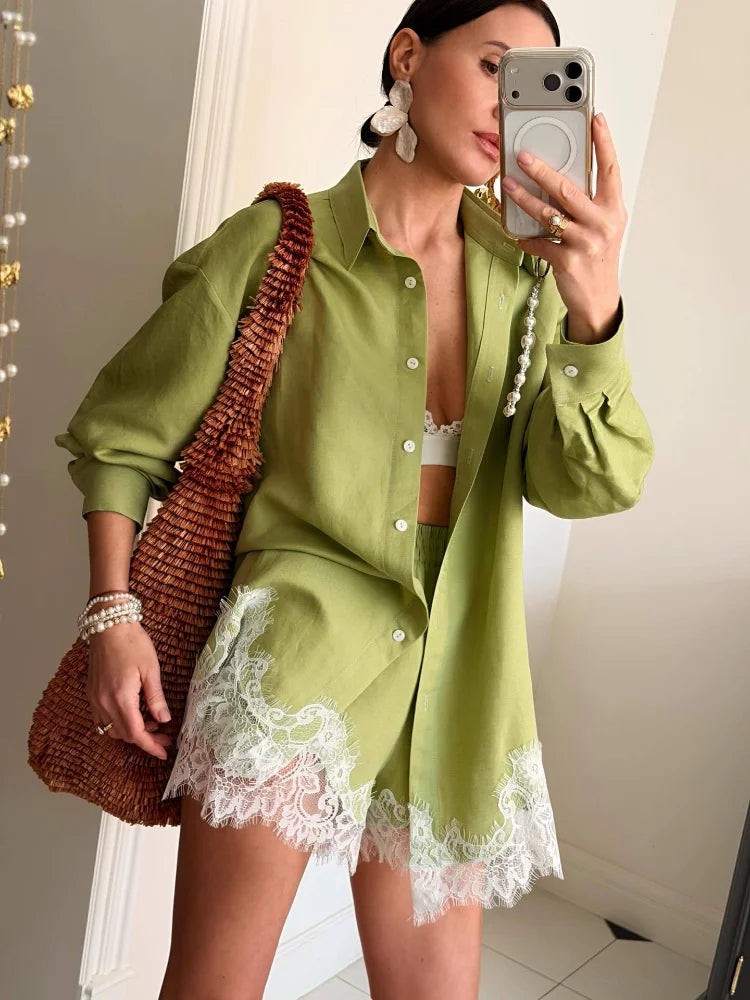 Women's Casual Long Sleeve Single Breasted Shirts 2026 Spring Lace Floral Hem Blouse Elegant Classical Stylish Shorts Outfits