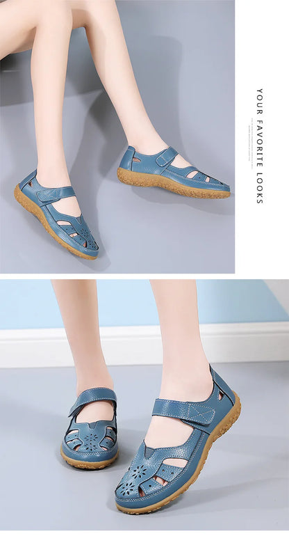 WOIZGIC Female Ladeis Mother Women's Genuine Leather Loater Flats Sandals Shoes Summer Cool Soft Outside Beach
