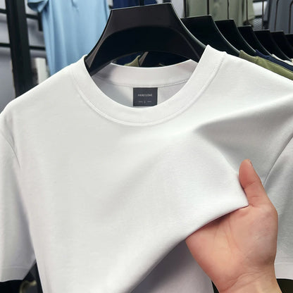 High quality luxury short sleeve T-shirt summer breathable cool silk cotton fashion solid color round neck top casual men's wear