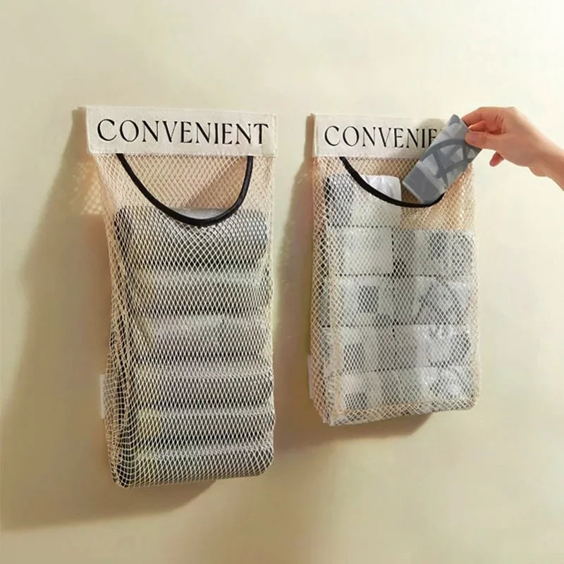 1/4PCS Wall Mount Mesh Storage Bag Garbage Holder Plastic Shopping Bags Dispenser Sundries Bag Net Storage Grocery Bag Organizer