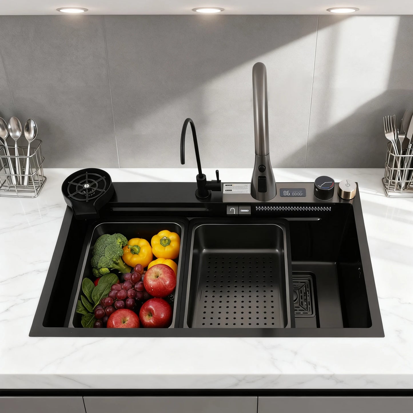 201 Stainless Steel Nano Black Sink with Digital Pull-out Faucet Anti-Splash Large Single Basin Noise Proof & Anti-Condensation