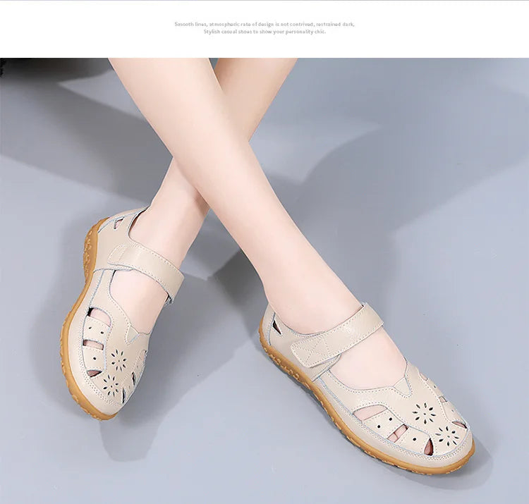 WOIZGIC Female Ladeis Mother Women's Genuine Leather Loater Flats Sandals Shoes Summer Cool Soft Outside Beach