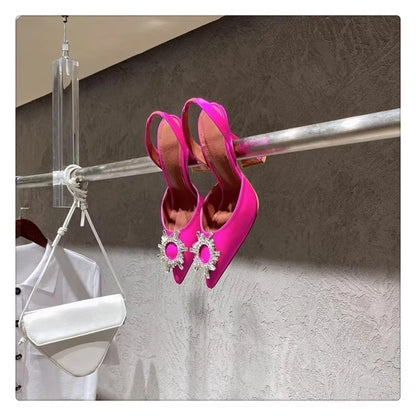 2025 European and American Women's New Silk Sunflower Crystal Diamond Buckle High Heels Horseshoe Heel Women's Sandals
