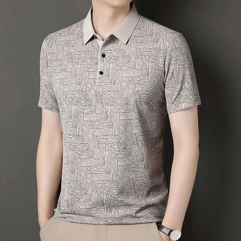 Men's Comfortable Short Sleeve Polo Shirt Weave Pattern Contrast Collar Design 2026 Casual Daily Office Fashion Top