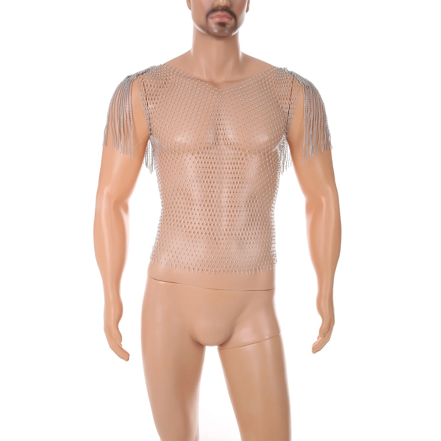 Tank Tops Shiny Rhinestone Fishnet Hollow Out Top Men Mesh See Through Tassel T-Shirt Man Party Clubwear Transparent Vest