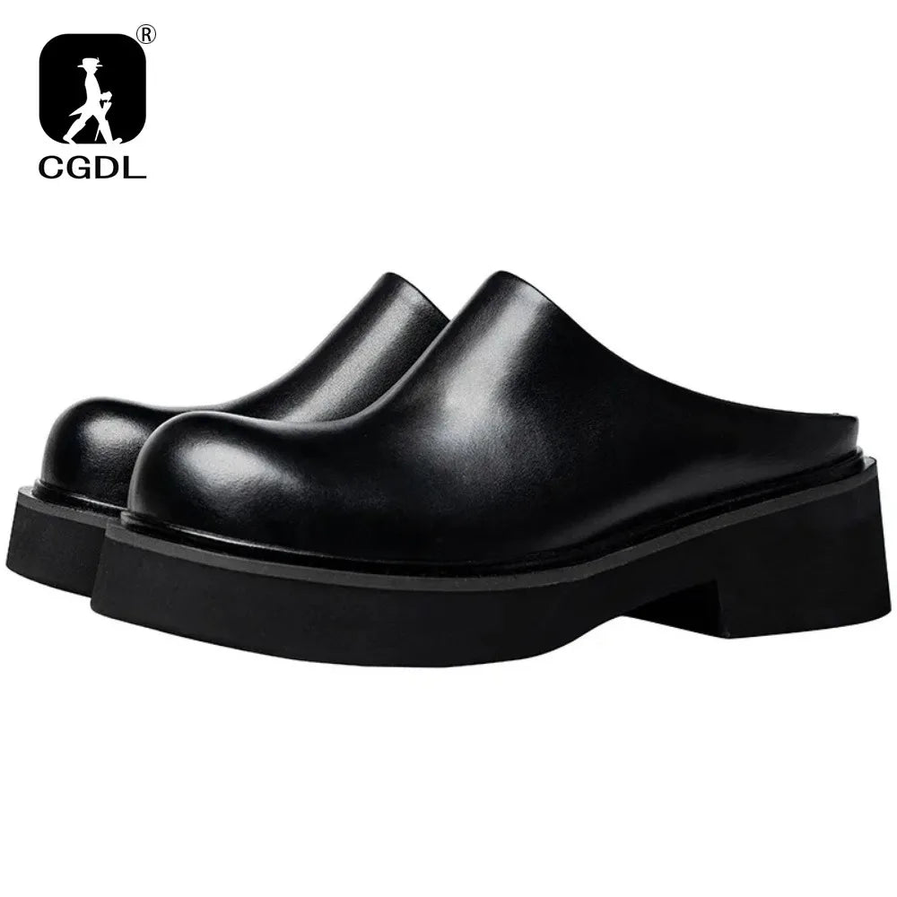 2024 Summer Mens Platform Business Half Shoes Luxury Genuine Leather 6 Cm High Heels Outdoor Social Party Slippers Sandals Man