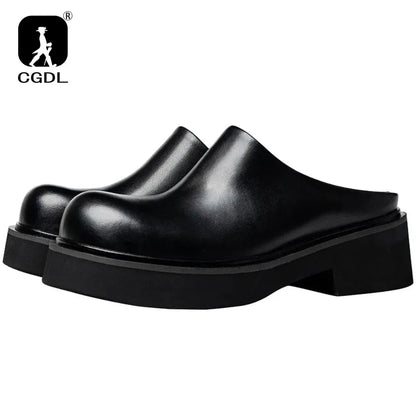 2024 Summer Mens Platform Business Half Shoes Luxury Genuine Leather 6 Cm High Heels Outdoor Social Party Slippers Sandals Man