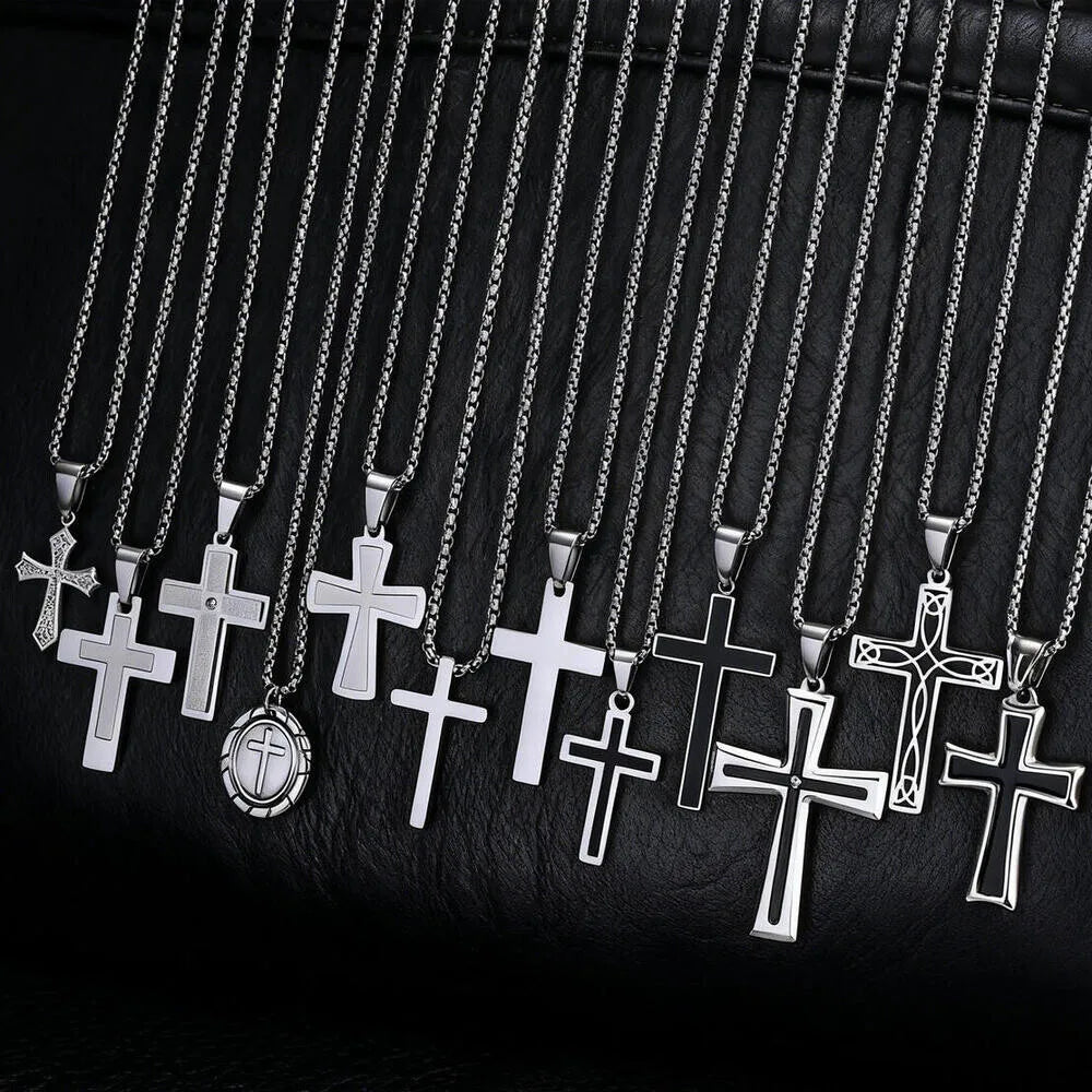 Stylish Men's Stainless Steel Cross Necklace,Punk Hip Hop Cross Pendant Necklace,Birthday Party Jewelry Gift for Him Dad Son