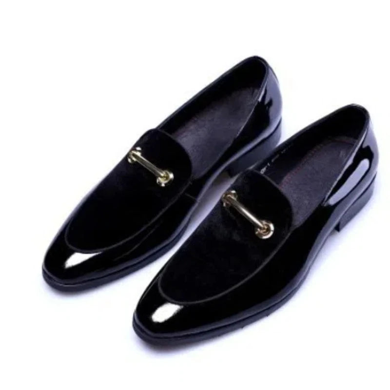 Mens Formal Navy Blue Velvet Patent Leather Loafers With Gold Horsebit Accent Flat Heel Comfortable Non Slip Breathable Business