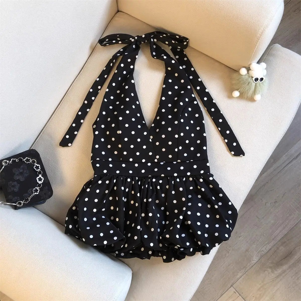 Backless Sexy Halter Beach Babydoll Crop Tops Women Polka Dots V Neck Sleeveless T Shirt Ruffles Basic Tees Not-Padded Pad