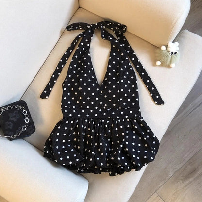 Backless Sexy Halter Beach Babydoll Crop Tops Women Polka Dots V Neck Sleeveless T Shirt Ruffles Basic Tees Not-Padded Pad