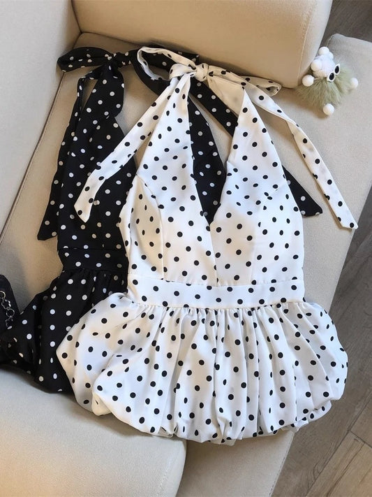 Backless Sexy Halter Beach Babydoll Crop Tops Women Polka Dots V Neck Sleeveless T Shirt Ruffles Basic Tees Not-Padded Pad