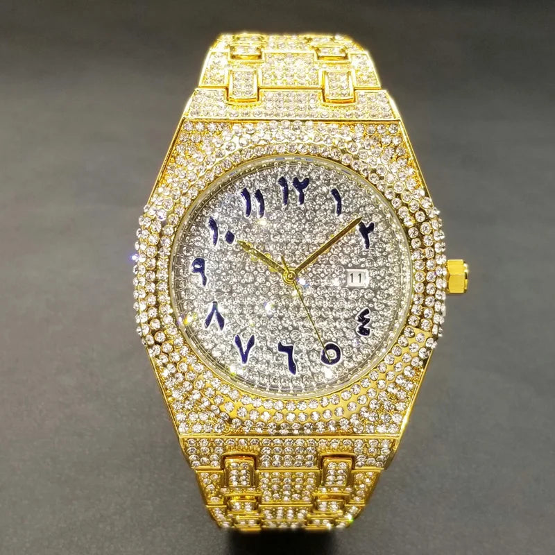 New Arab Number Brand Watch For Men Luxury Fully Diamond Bling Mens Quartz Watches Fashion Iced Out Silver Waterproof Male Clock