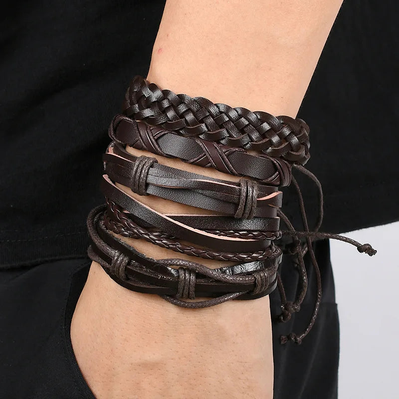 Fashion Bracelet Viking  Bracelet For Men Hand Bracelets Woven Skull Hand Jewelry Adjustable Leather Set viking man bracelet
