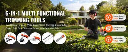 SucceBuy 52CC 6-in-1 MultiFunctional Trimming Tools Gas Hedge Trimmer Weed Eater String Trimmer Brush Cutter Edger Pole Chainsaw
