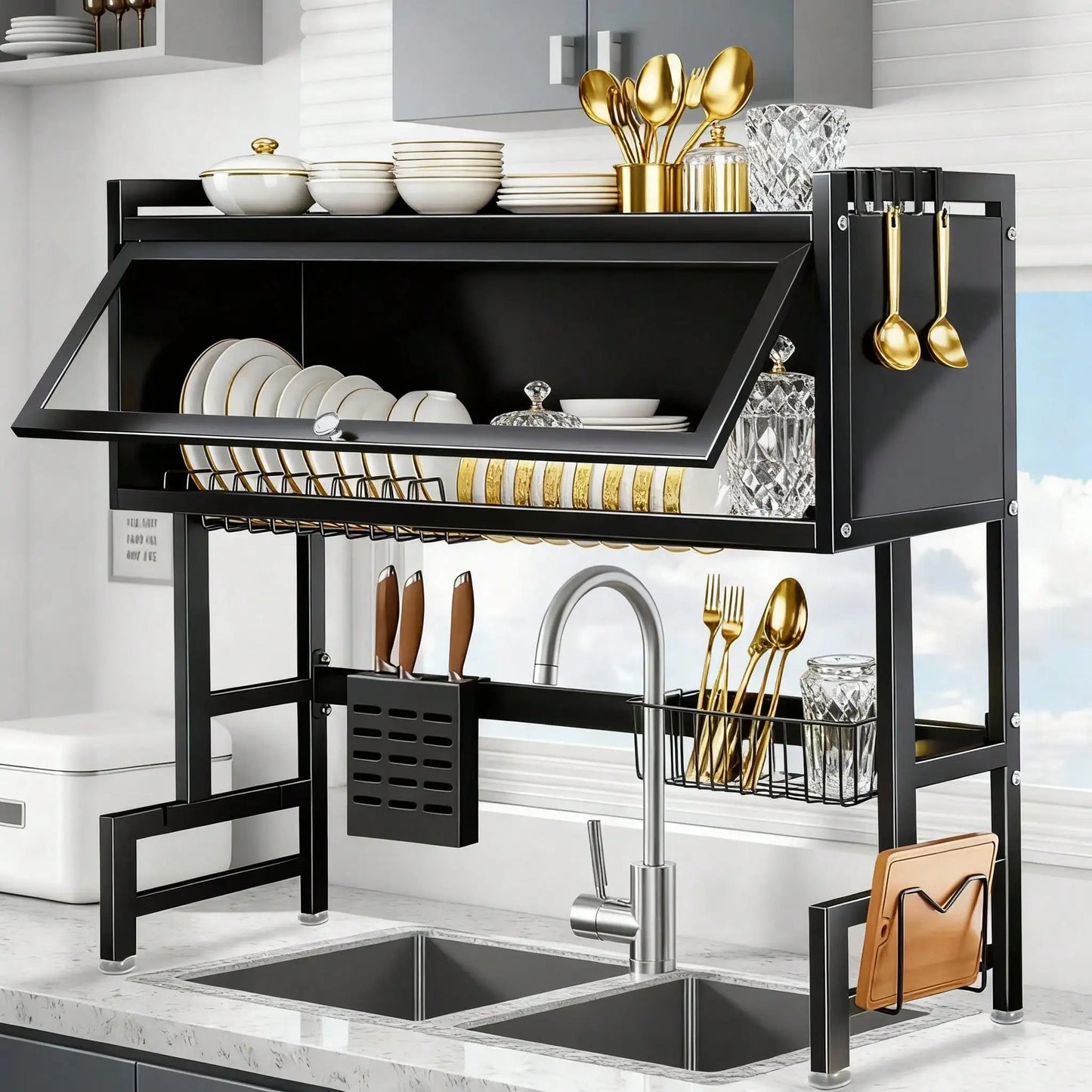 HanTai Over The Sink Dish Drainer Drying Rack 3 Tier Over Sink Dish Rack For A Tidy Kitchen Sink Shelf Organized Space-Saving Di