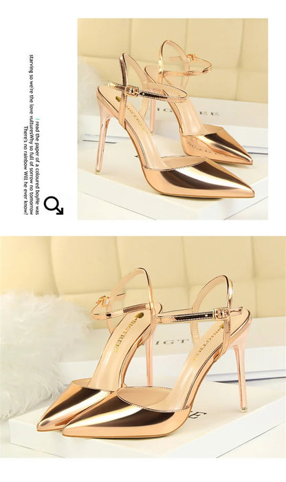 Women High Heels Sandals Metallic Gray Patent Leather Stripper Ankle Strap Wedding Nightclub Pointed Toe Party Valentine 86-1