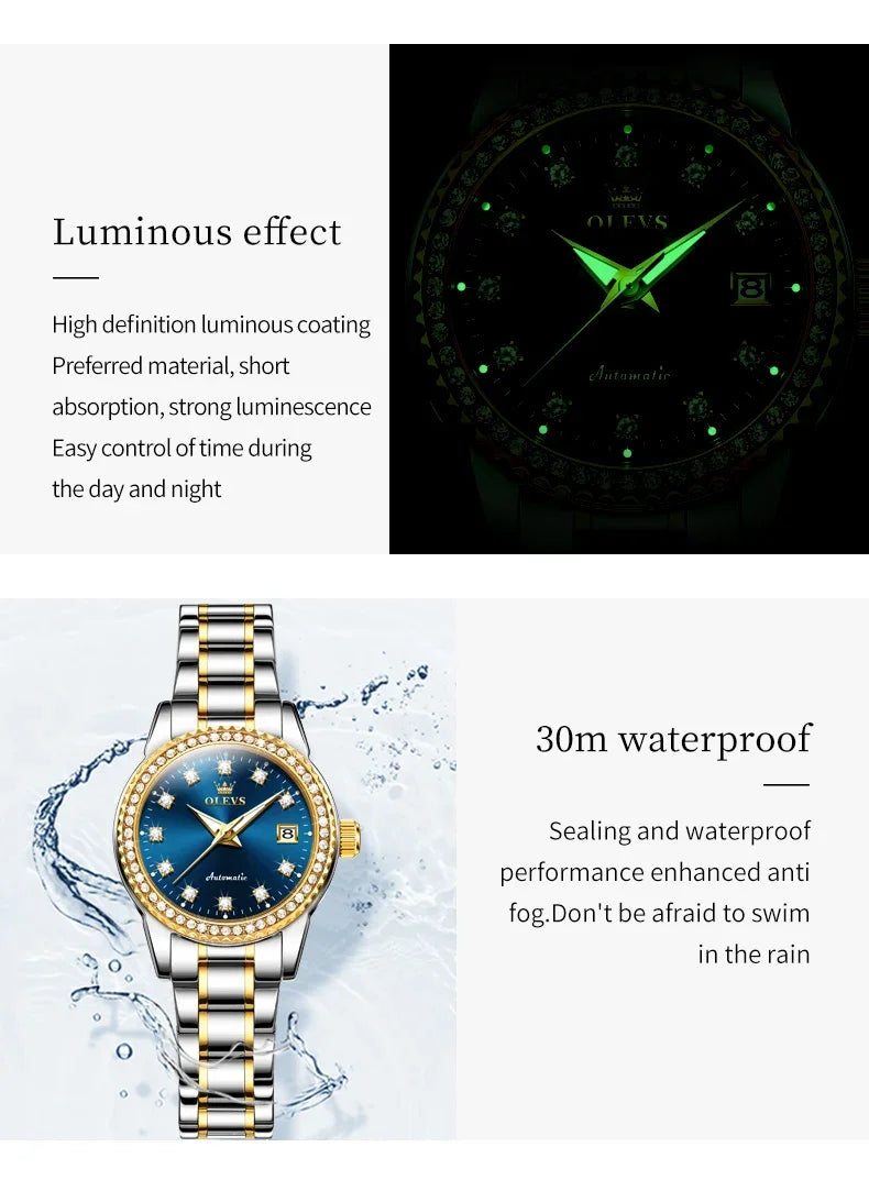 OLEVS 7003 Women Automatic Watch Waterproof Luminous Calendar Mechanical Ladies Wristwatch Steel Strap Luxury Watch Women