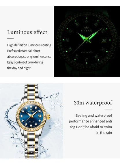 OLEVS 7003 Women Automatic Watch Waterproof Luminous Calendar Mechanical Ladies Wristwatch Steel Strap Luxury Watch Women