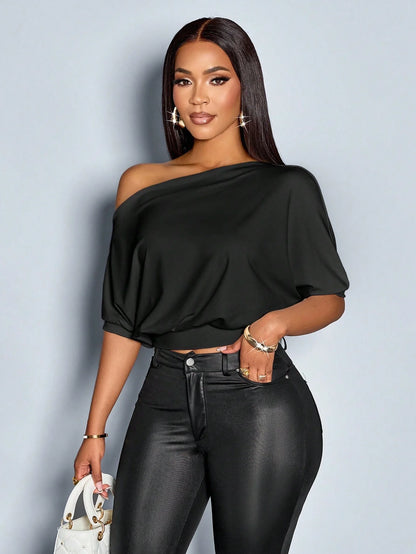 Women's Solid Color Asymmetric Collar Pleated Shoulder T-Shirt