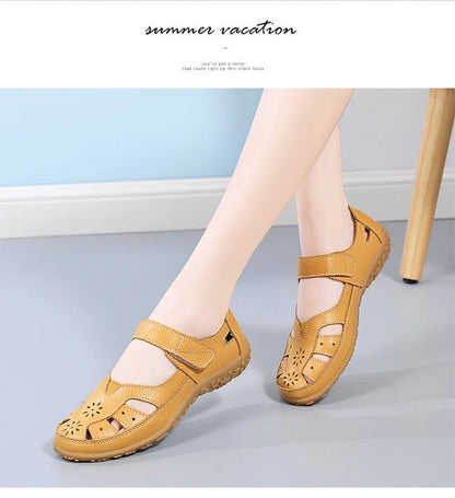 WOIZGIC Female Ladeis Mother Women's Genuine Leather Loater Flats Sandals Shoes Summer Cool Soft Outside Beach