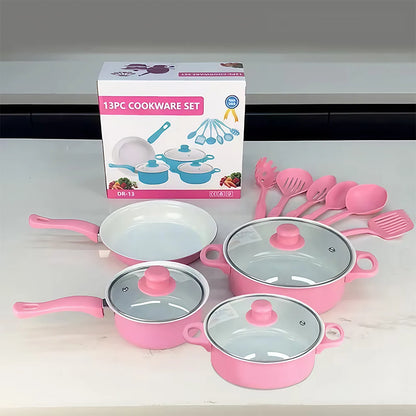 12Pcs Non Stick Cookware Set Milk Pot Maifan Stone Frying Pan with Lid Cooking Pot Set Stackable Pot Set for All Hob
