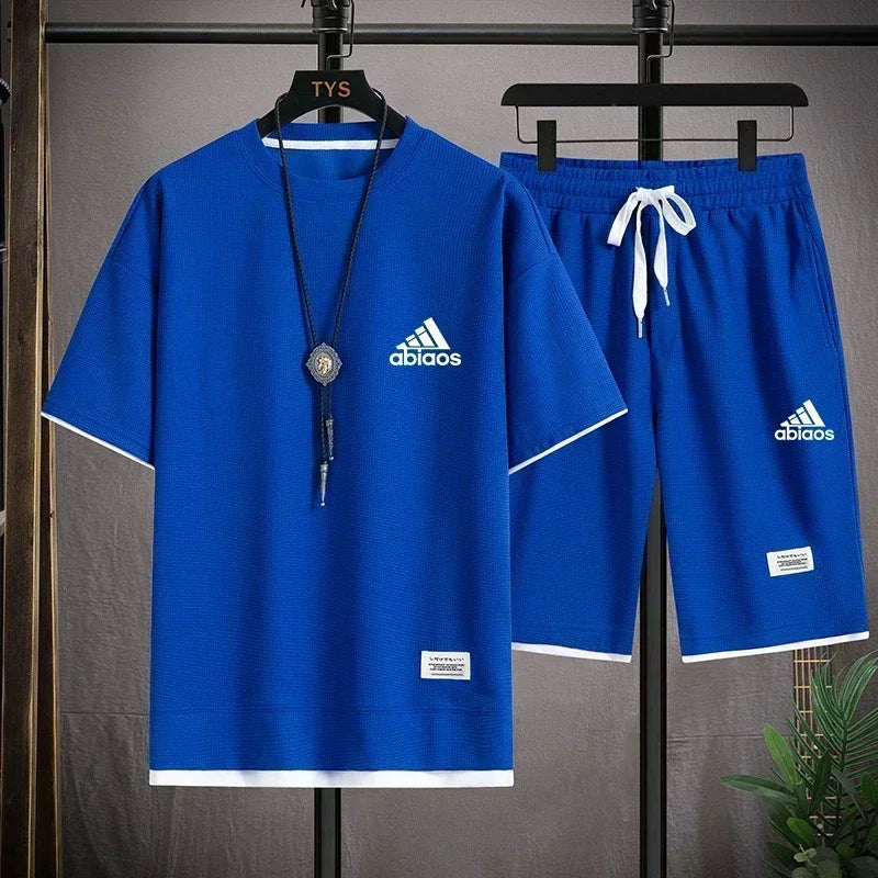 Men's casual short sleeved T-shirt and sports shorts, breathable comfortable running waffle set, summer fashion, 2026