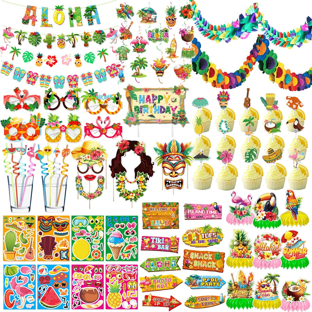 Hawaiian Party Photo Props Decorations Summer Beach Tropical Flamingo Party Supplies Aloha Banner Hawaiian Party DIY Supplies