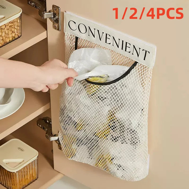 1/4PCS Wall Mount Mesh Storage Bag Garbage Holder Plastic Shopping Bags Dispenser Sundries Bag Net Storage Grocery Bag Organizer