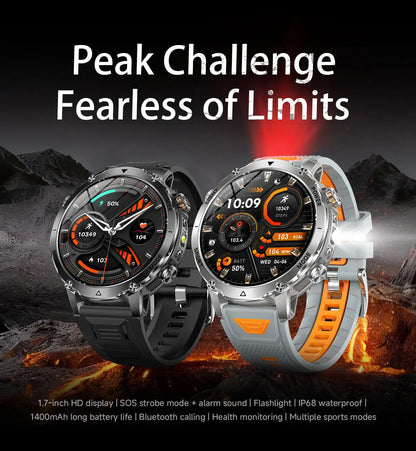 2026 New Military 1400mAh Battery Smart Watch Men Outdoor Flashlight 10ATM Waterproof Heart Rate Bluetooth Call Sports Bracelets