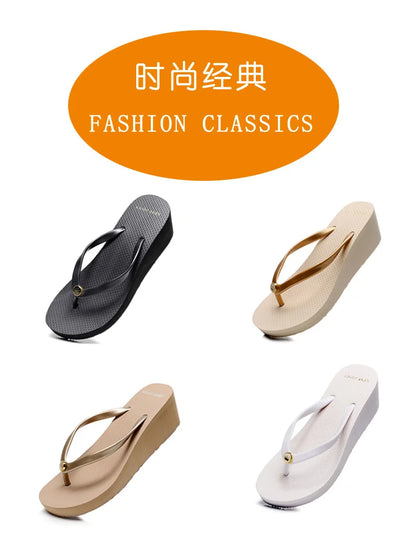 33-43 Summer New 2025 Women Slope Heel Flip Flops For women Tall 6cm Anti Slip Thick Bottom Height Increasing Beach Sandals Sxey