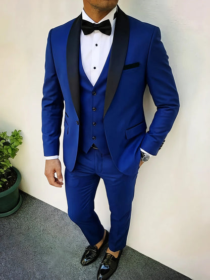 New Men's Crisp Collar Slim-fit Suit with Single Button 3pcs Suit Jacket, Dress, Business Formal Party Jacket, Vest And Trousers