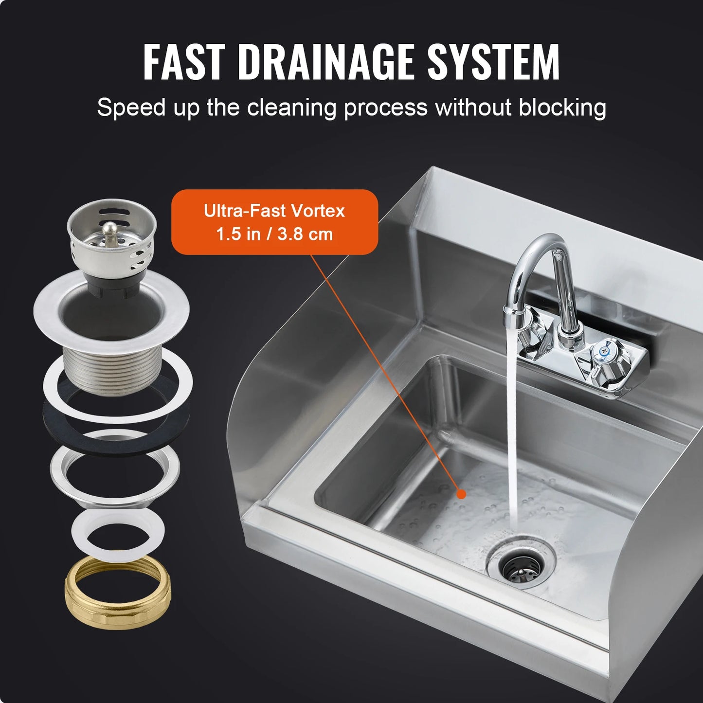SucceBuy Commercial Hand Sink with Faucet and Side Splash Stainless Steel Sink for Washing Wall Mount Hand Basin for Restaurant