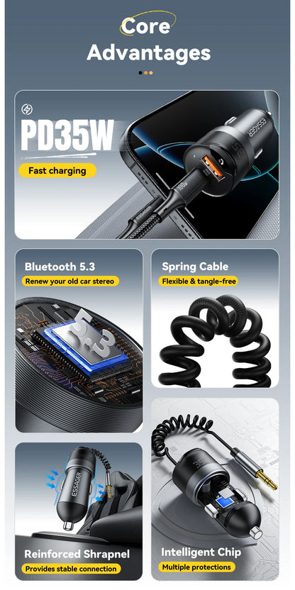 Essager Bluetooth 5.3 Car Charger 3.5mm Jack AUX Cable 35W Fast Charging for iPhone16 15 Huawei Samsung Bluetooth Car Chargers