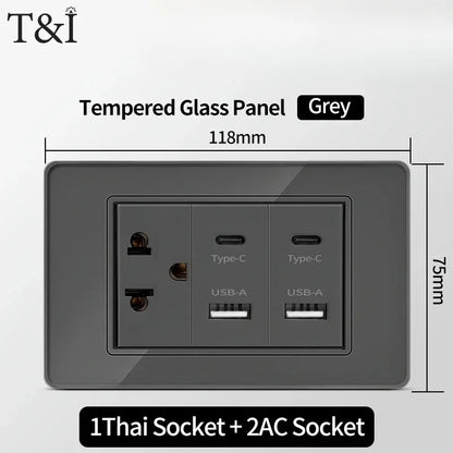 118*75mm TEMPERED GLASS SWITCH PANEL Wall Socket with USB Type - C, Grey US Switch, Thai Plug for Home & Office Use