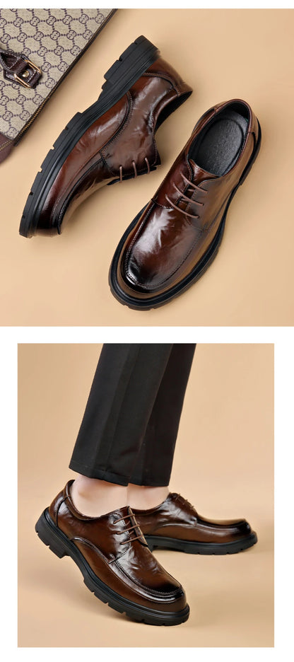 Mens Black Genuine Leather Wrinkled Lace Up Chunky Sole Formal Business Oxfords Casual Daily Wear Dress Shoes Stylish And Simple