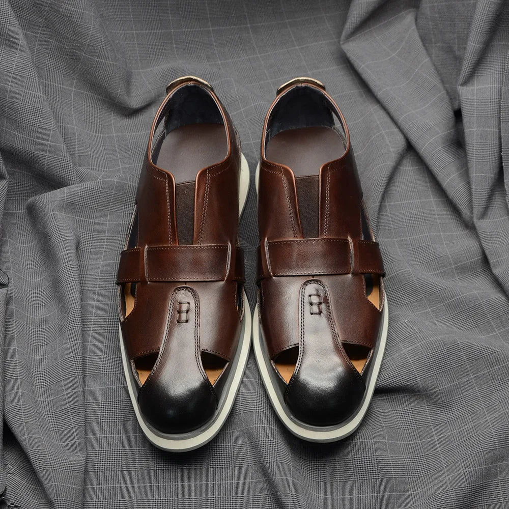 Classic Arabic Style Mens Sandals Genuine Cow Leather Slip-On Hollow Out Casual Business Party Dress Shoes for Men Flat Footwear